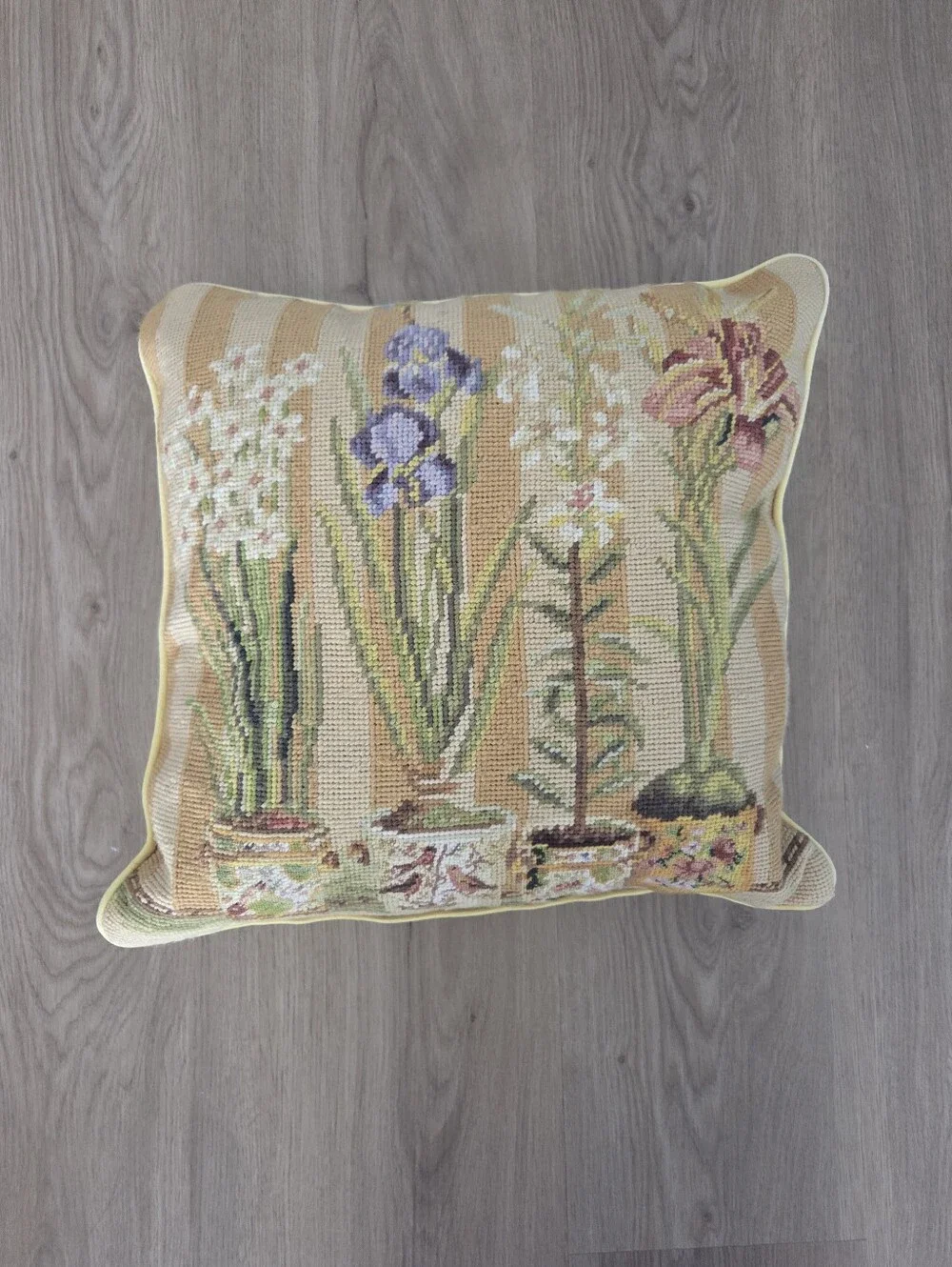 Vtg Needlepoint Pillow Wool Cotton Zipper 15x15 Cottagecore English Garden